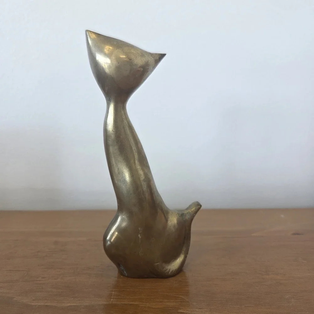 Vintage MCM Long Necked Sitting Brass Cat Statue Figurine 7